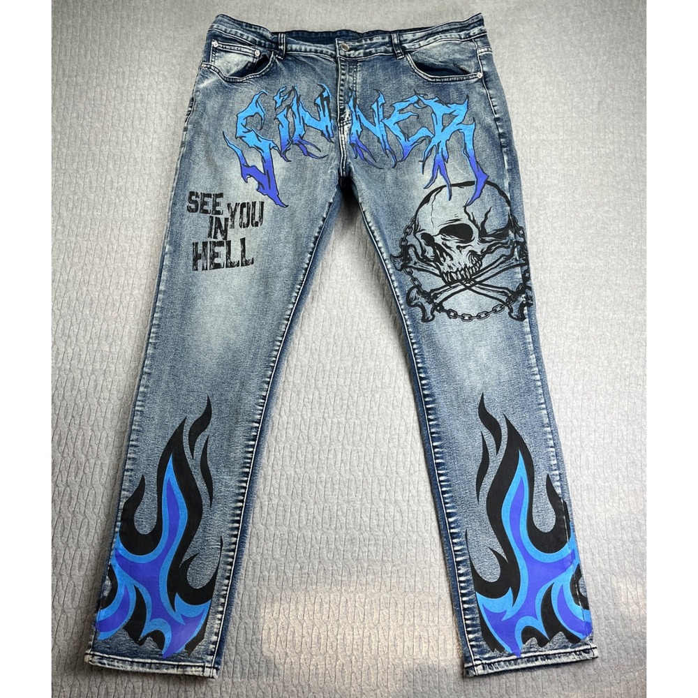 Hard-core punk rock Metal Jeans Sinner Skull Men 40X32 1/2 Urban streetwear